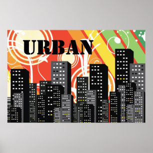 Black grey silhouettes city buildings urban poster
