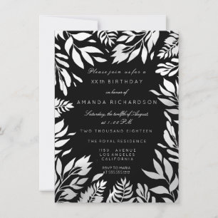 Black Grey Silver Glitter Leafs Floral Frame Lux Invitation