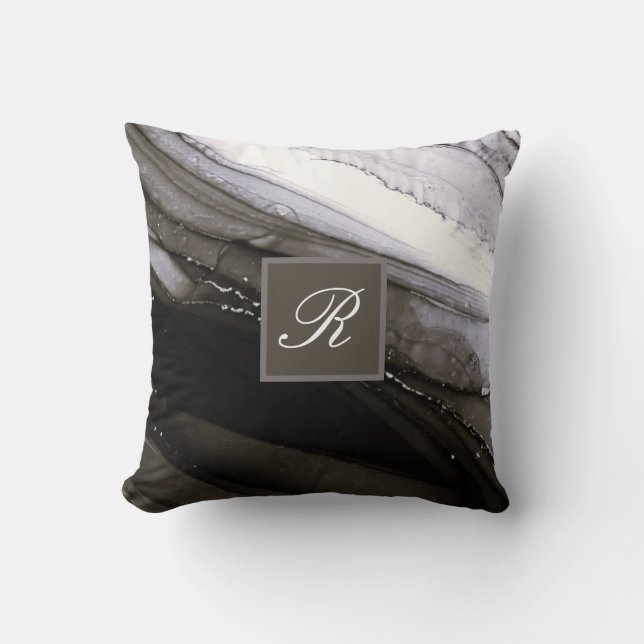 Black Grey Silver Marble Pretty Charcoal Monogram Throw Pillow (Front)