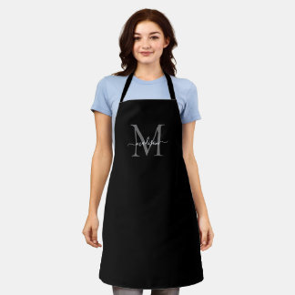 Black Grey Silver Monogram Girly Feminine Script Apron