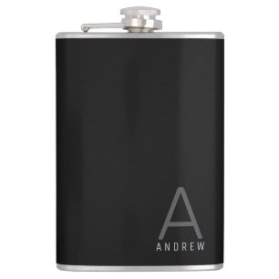 Black Grey Simple Modern Monogram Personalized Hip Flask