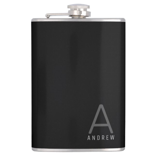 Black Grey Simple Modern Monogram Personalized Hip Flask (Front)