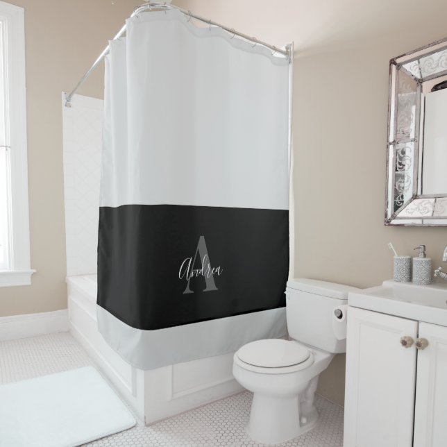 Black & Grey Simple Monogram Name Shower Curtain (In Situ)