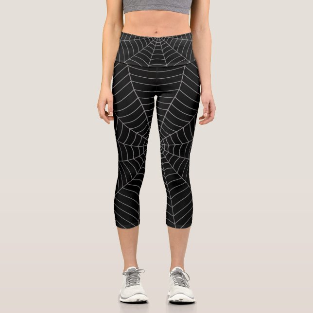 Black grey spider web Halloween pattern Capri Leggings (Front)