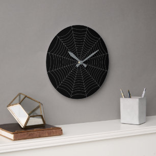 Black grey spider web Halloween pattern Large Clock