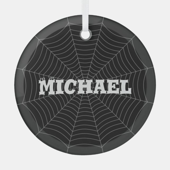 Black grey spider web Halloween pattern Your name Glass Ornament (Front)