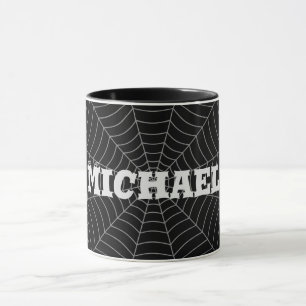 Black grey spider web Halloween pattern Your name Mug