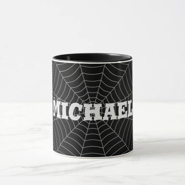 Black grey spider web Halloween pattern Your name Mug (Center)