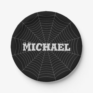 Black grey spider web Halloween pattern Your name Paper Plate