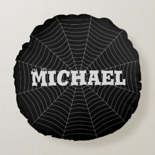 Black grey spider web Halloween pattern Your name Round Pillow