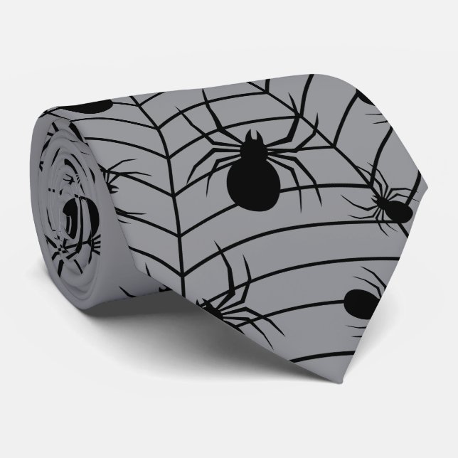 Black Grey spiders spiderweb Halloween pattern Tie (Rolled)