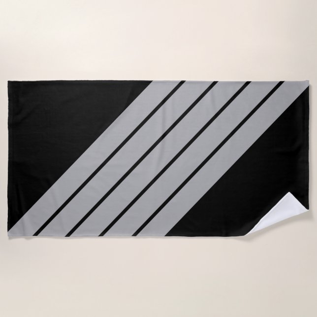 Black Grey Striped 70s 80s Retro Racing Stripes Beach Towel (Front)