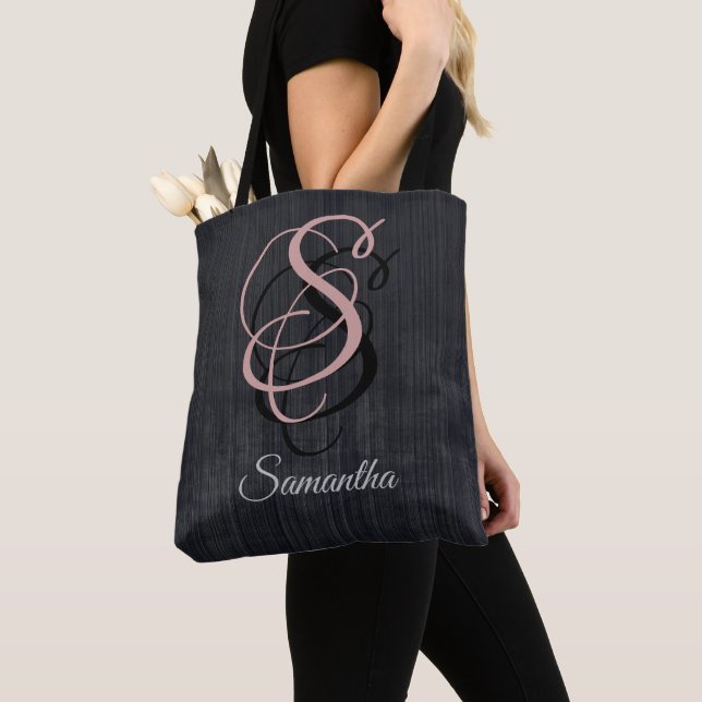 Black Grey striped rustic monogram Tote Bag (Close Up)