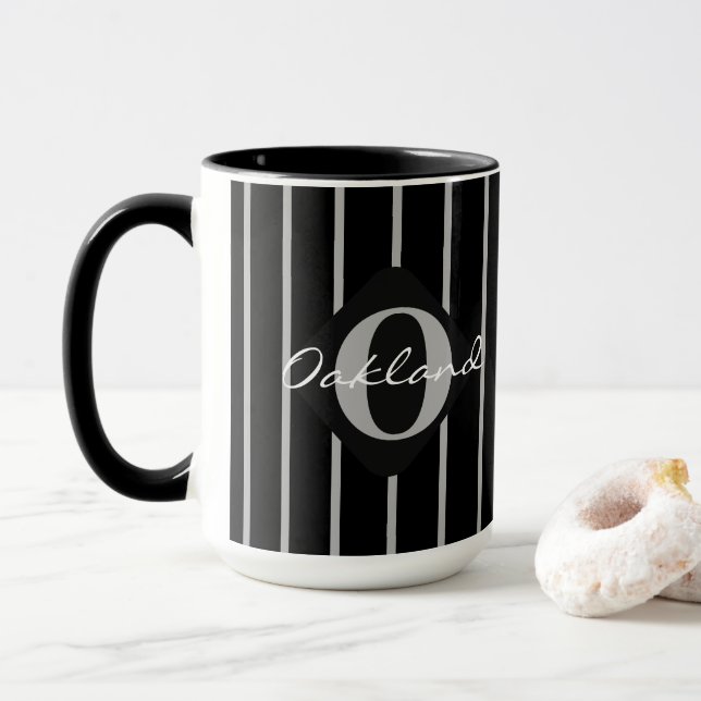 Black & Grey Stripes Coffee Mug-Oakland Mug (With Donut)