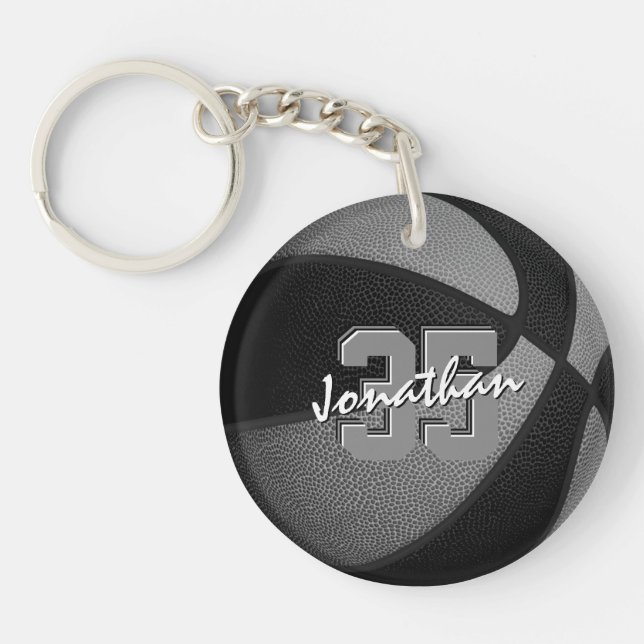 black grey team colours boys girls basketball keychain (Front)