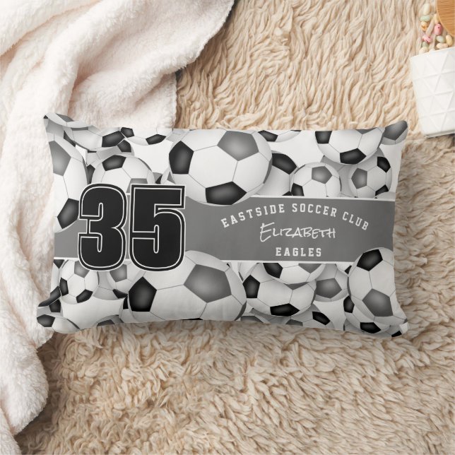 black grey team colours Lots of soccer balls Lumbar Pillow (Blanket)