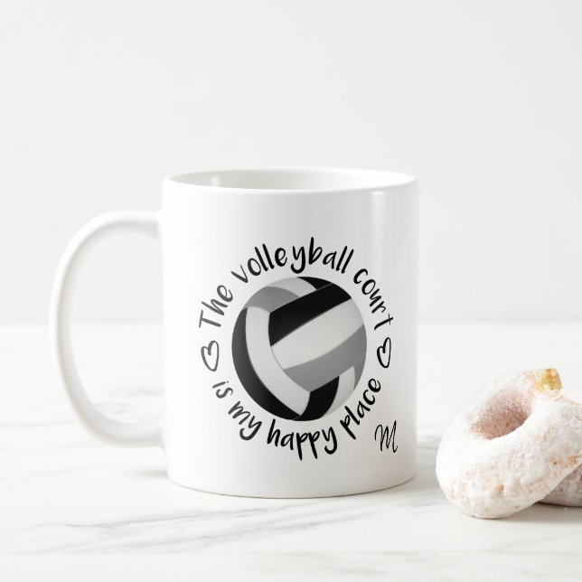 black grey team colours volleyball happy place coffee mug (With Donut)