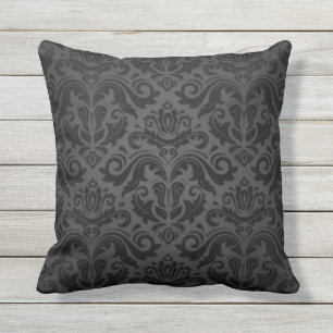 Black & Grey Vintage Damask Outdoor Pillow
