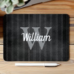 Black Grey Vintage Pinstripe Retro Monogram Mouse Pad<br><div class="desc">This design features a vintage pinstripe pattern in off black with pale grey dashed stripes. Personalize it with your monogram initial in grey and your name in white retro script.</div>