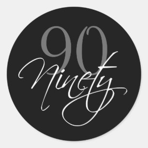 Black Grey White 90th Birthday Party Classic Round Sticker