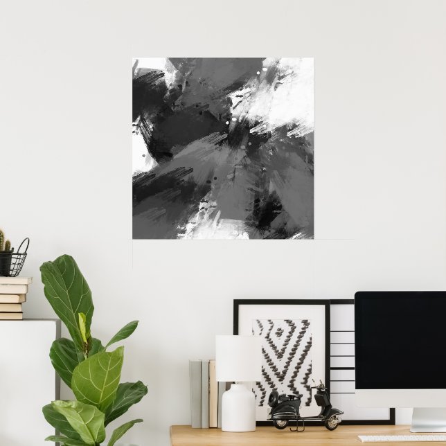Black Grey White Abstract Modern Brushstrokes Poster (Home Office)