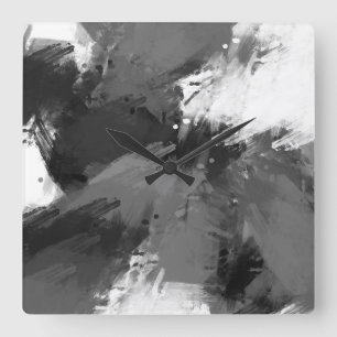 Black Grey White Abstract Modern Brushstrokes Square Wall Clock