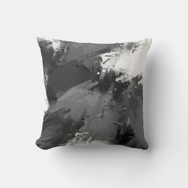 Black Grey White Abstract Modern Brushstrokes Throw Pillow (Front)