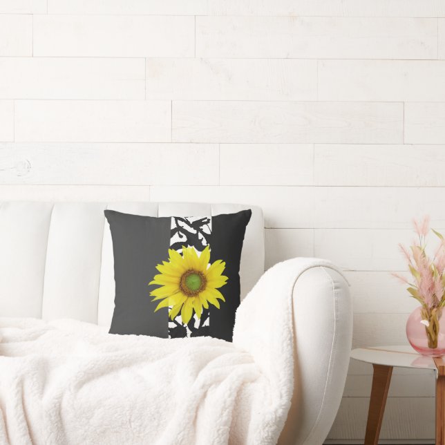 Black Grey White Abstract Modern With Sunflower Throw Pillow (Couch)