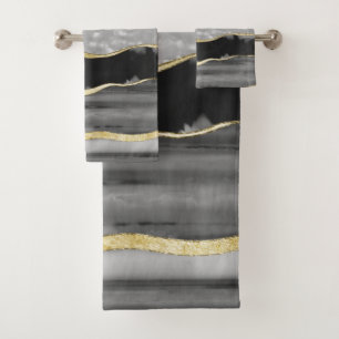Black Grey White Agate Gold Stripe Glam #1 #gem   Bath Towel Set