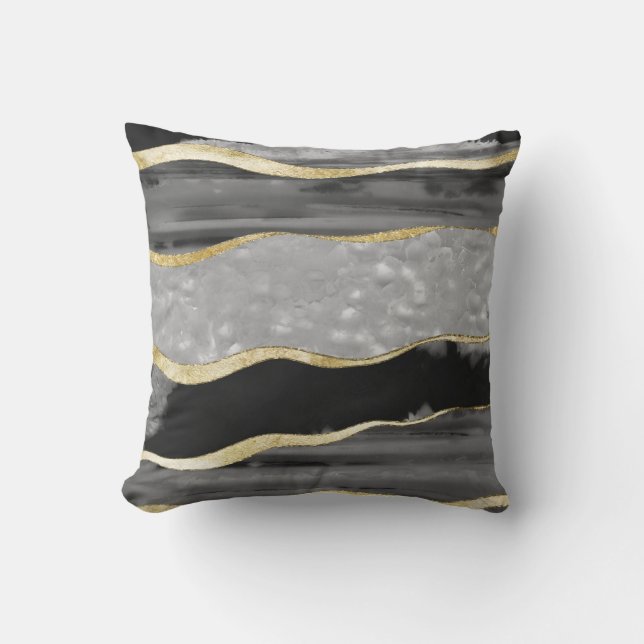 Black Grey White Agate Gold Stripe Glam #1 #gem Throw Pillow (Front)