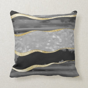 Black Grey White Agate Gold Stripe Glam #1 #gem Throw Pillow