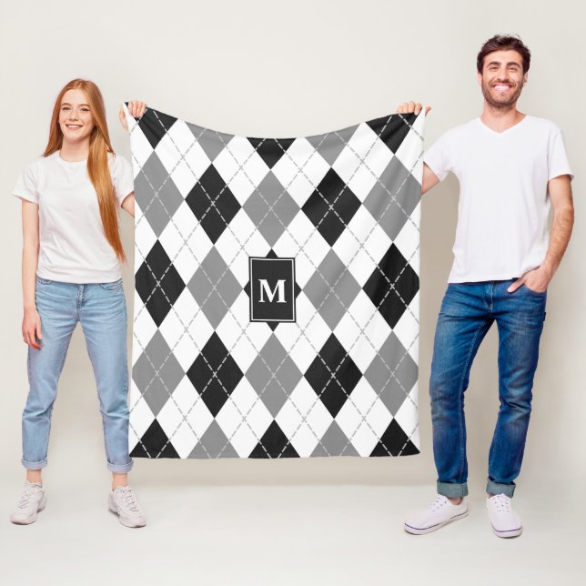 black grey white argyle plaid monogrammed fleece blanket (In Situ)
