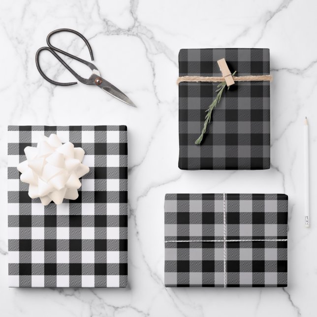 Black Grey White Buffalo Plaid Holiday Wrapping Paper Sheet (Front)