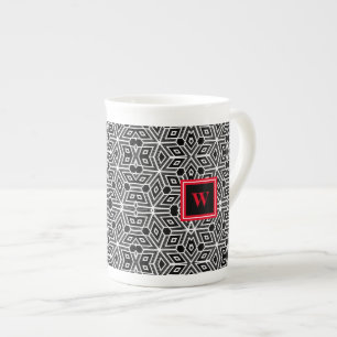 Black Grey White Cubism Neo Geo with Red Monogram Bone China Mug