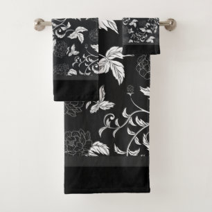 Black Grey White Elegant Modern Floral Leaf Bath Towel Set