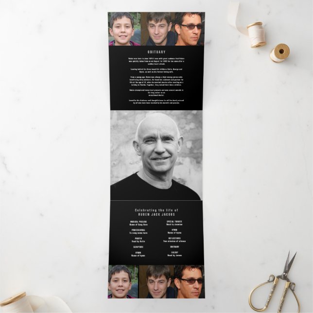 Black grey white Funeral service custom photo Tri-Fold Programme (Inside)