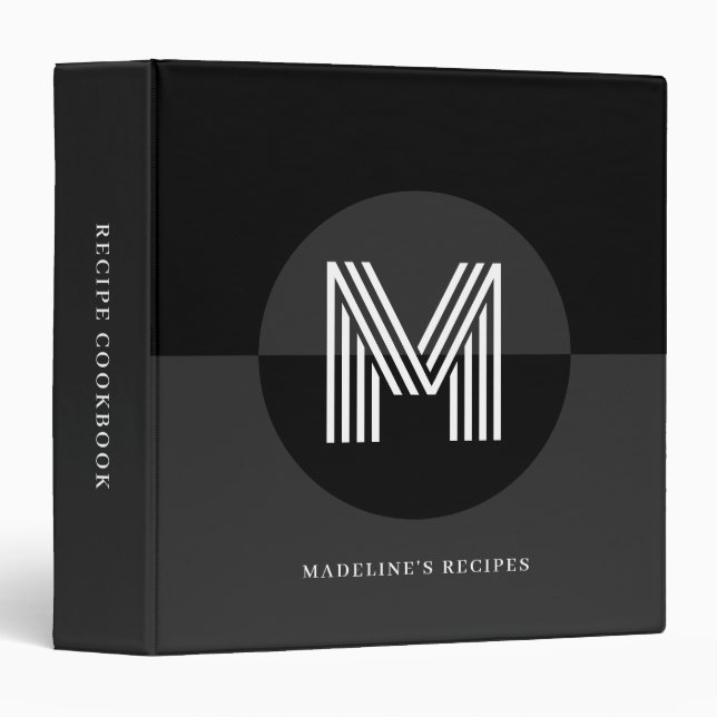 Black Grey White Geometric Monogram Kitchen Recipe Binder (Front/Spine)