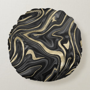 Black Grey White Gold Marble #1 Round Pillow