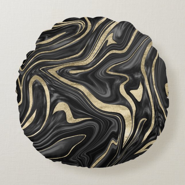 Black Grey White Gold Marble #1 Round Pillow (Front)