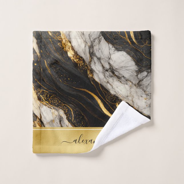 Black Grey White Gold Marble Luxury Modern Bath Towel Set (Wash Cloth)