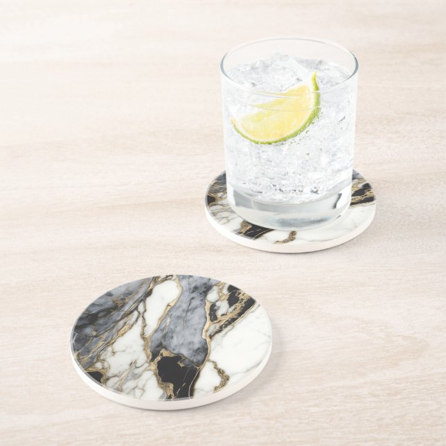 Black Grey White Gold Marble Swirl Abstract  Coaster (Side)