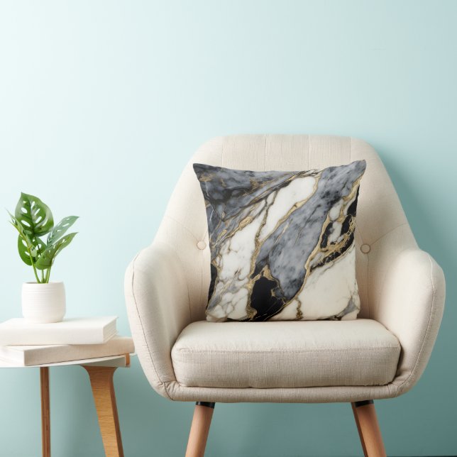 Black Grey White Gold Marble Swirl Abstract  Throw Pillow (Chair)