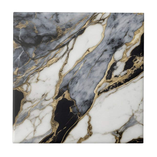 Black Grey White Gold Marble Swirl Abstract  Tile (Front)