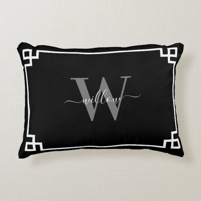 Black Grey White Greek Key Monogrammed  Accent Pillow (Front)