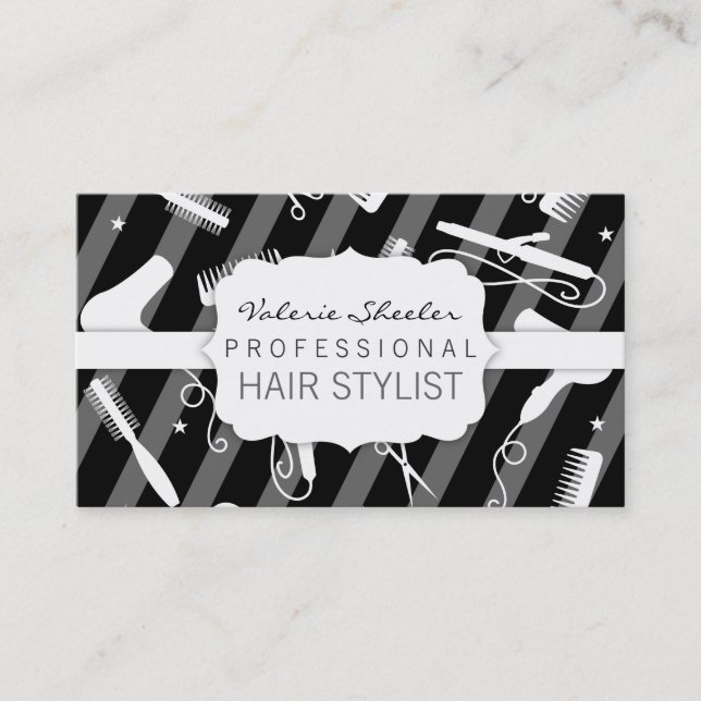 Black Grey & White Hair Salon Tools Business Card (Front)
