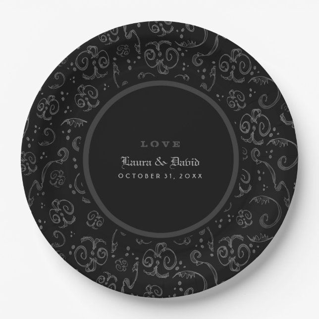 Black Grey & White Halloween Matching Wedding Paper Plate (Front)