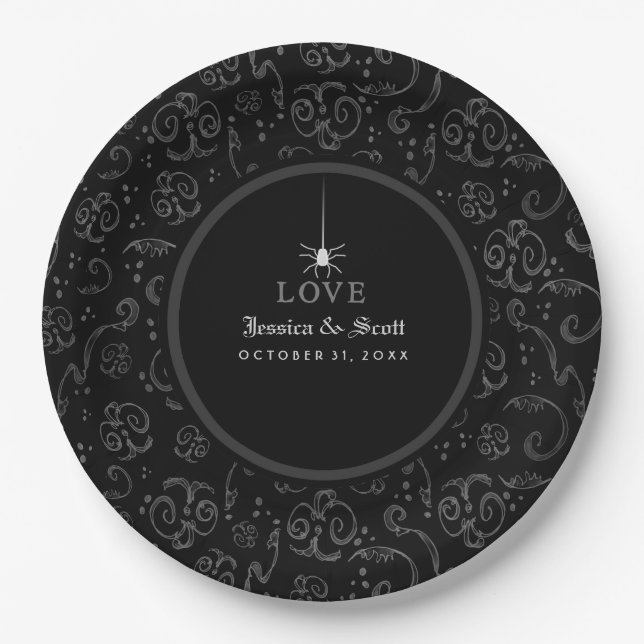 Black Grey & White Halloween Spider LOVE Wedding Paper Plate (Front)