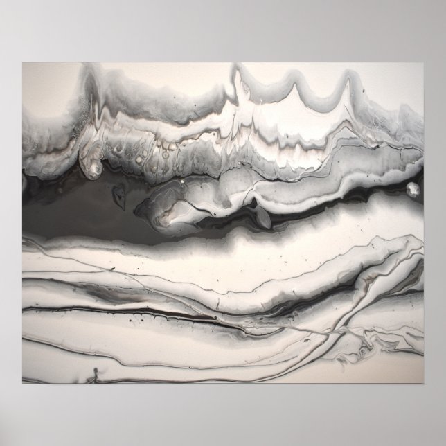 Black Grey White Horizontal Abstract Fluid Art Poster (Front)