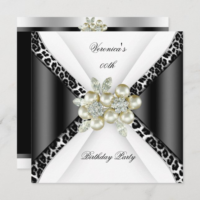 Black Grey White Leopard Pearl Birthday Party Invitation (Front/Back)