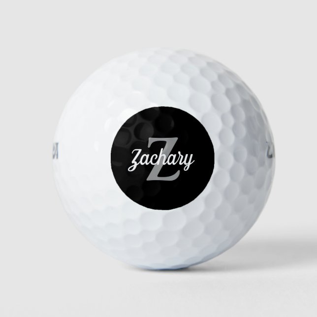 Black Grey White Monogram and Name Personalized Golf Balls (Front)